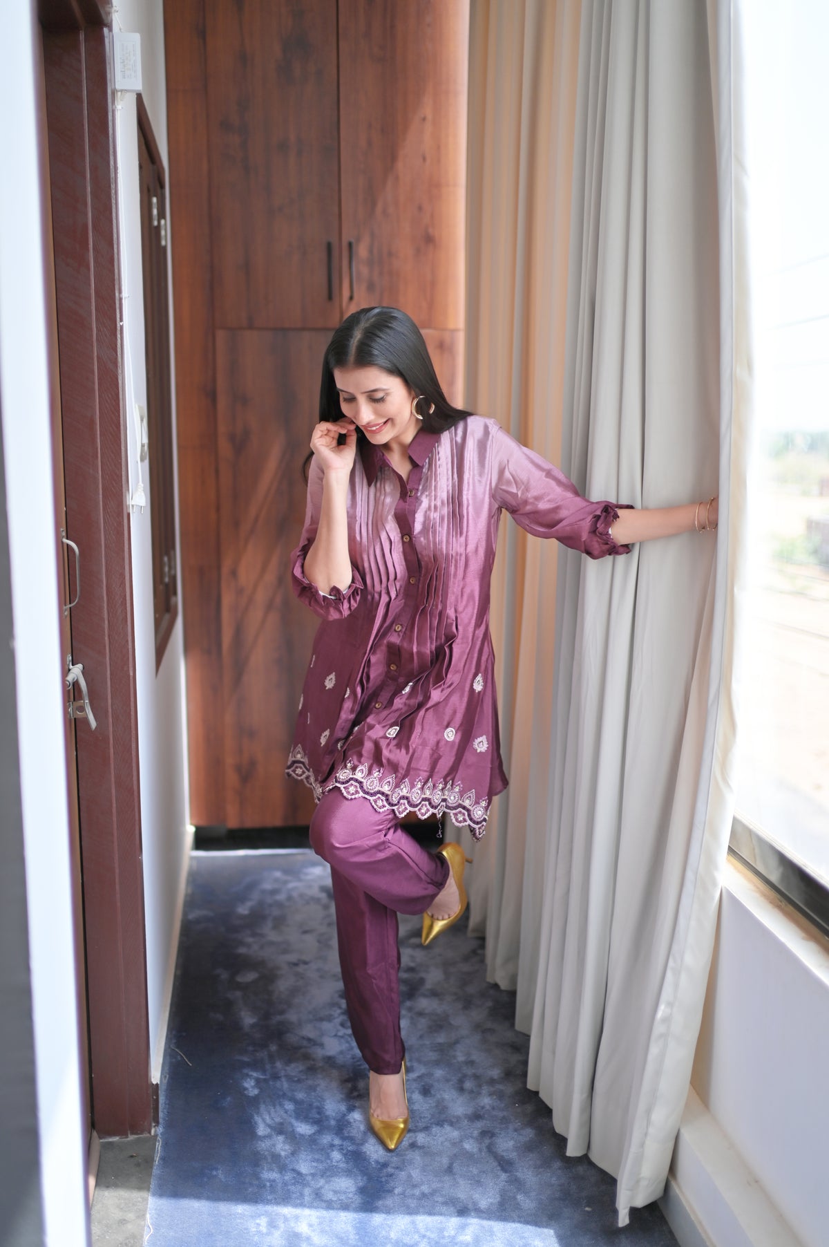 Wine Chinon Pleated Co-Ord Set for Women — Shirt-Style Top & Straight Pants