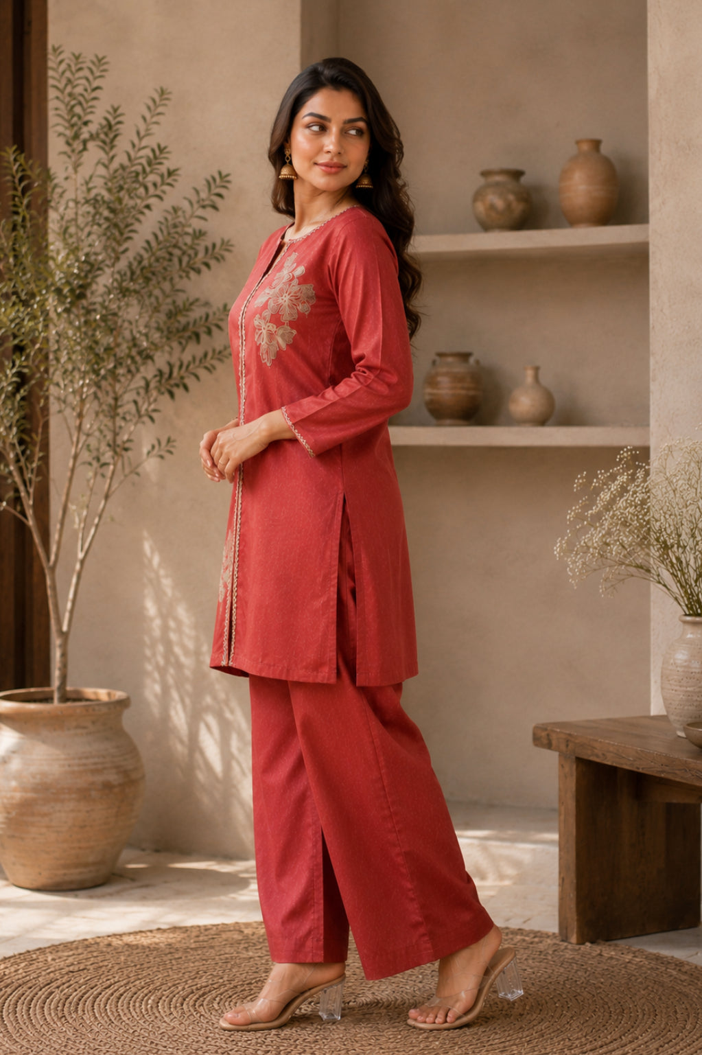 Gajri Floral Embroidered Malchanderi Co-Ord Set