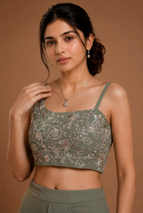 Sage Green One-Shoulder Crop Top & Layered Skirt Set — Fox Georgette