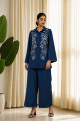 Sapphire Blue Embroidered Shirt Co-Ord Set for Women — Shirt-Collar Top & Trousers