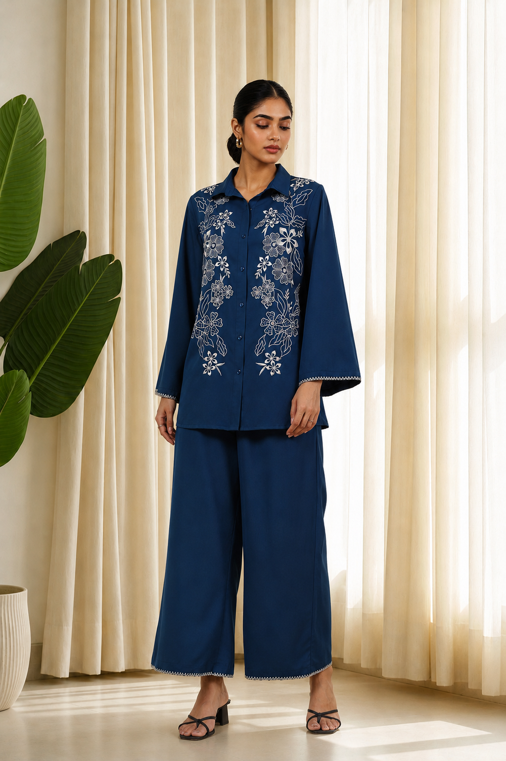 Sapphire Blue Embroidered Shirt Co-Ord Set for Women — Shirt-Collar Top & Trousers