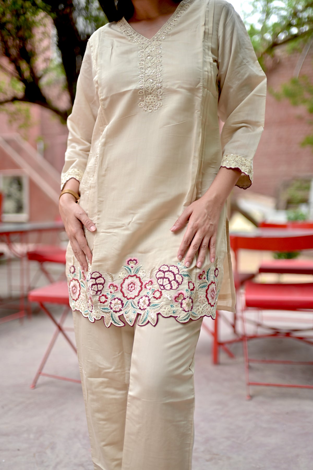 Ivory Embroidered Ethnic Co-ord Set — Kurta & Pant Set for Women