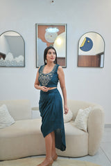 Teal Cape Sleeve Crop Top & Draped Skirt Co-Ord Set for Women