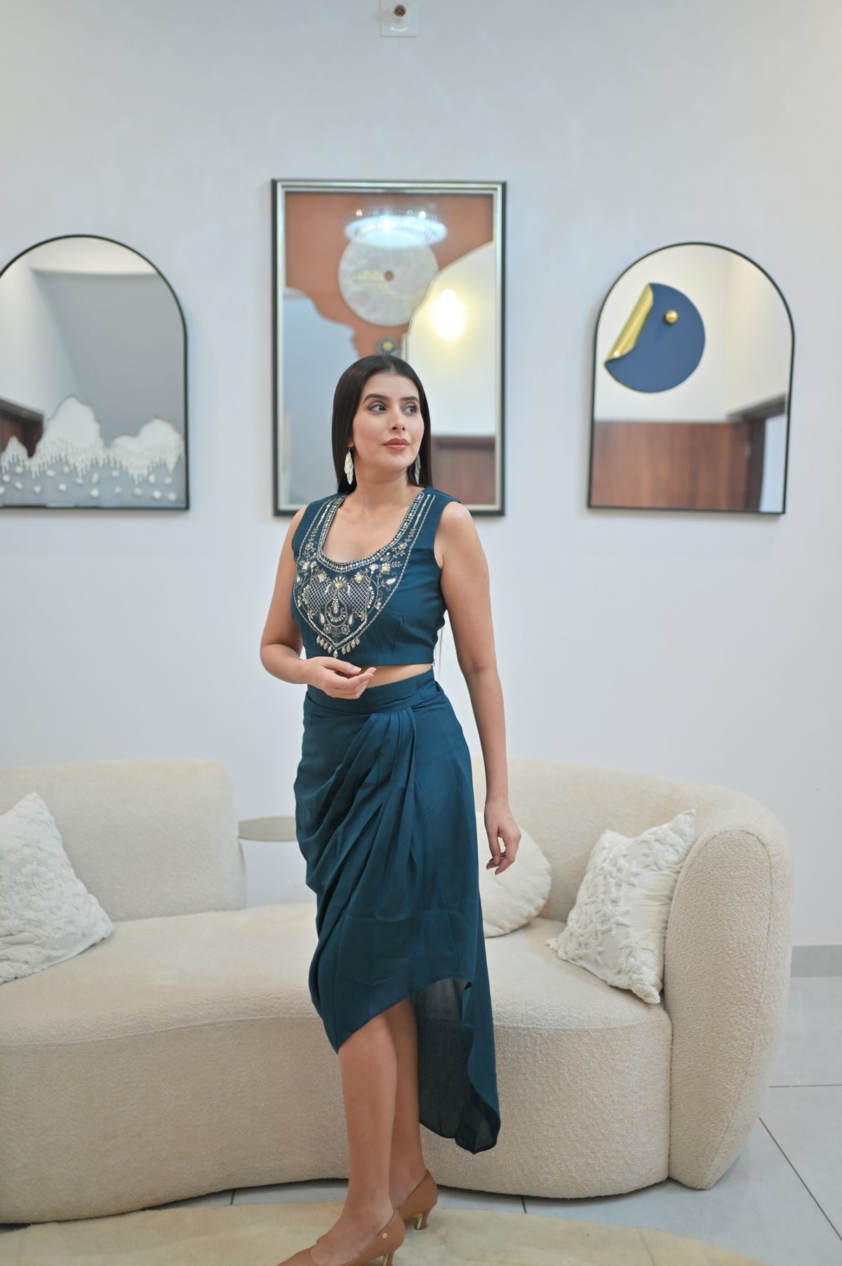Teal Cape Sleeve Crop Top & Draped Skirt Co-Ord Set for Women