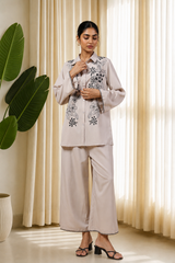 Ivory Noir Embroidered Co-Ord Set for Women — Shirt Collar Top & Straight Trousers