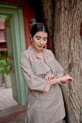 Mauve Pearl Dhabu Cotton Co-Ord Set for Women — Overlay Top & Straight Pants