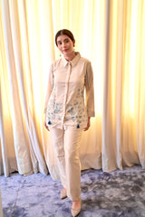 Sand Beige Ethnic Co-Ord Set for Women — Vichitra Zazu Silk Shirt Top & Trousers