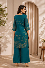 Ocean Teal Artistic Print Satin Georgette Co-Ord Set