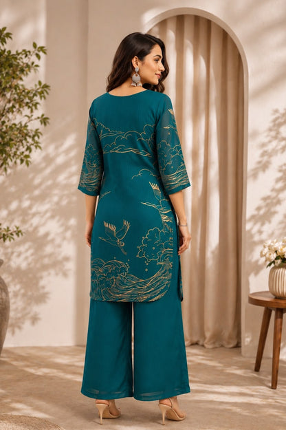 Ocean Teal Artistic Print Satin Georgette Co-Ord Set