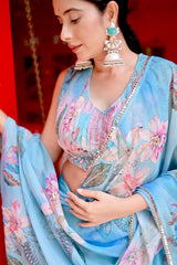 Sky Blue Floral Digital Print Indo-Western Lehenga Set