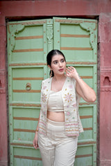 Beige Embroidered 3-Piece Co-Ord Set for Women — Jacket, Inner Top & Trousers