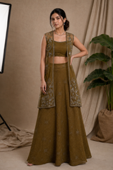 Olive Jacket Lehenga Set — Crop Top, Flared Skirt & Embroidered Organza Jacket