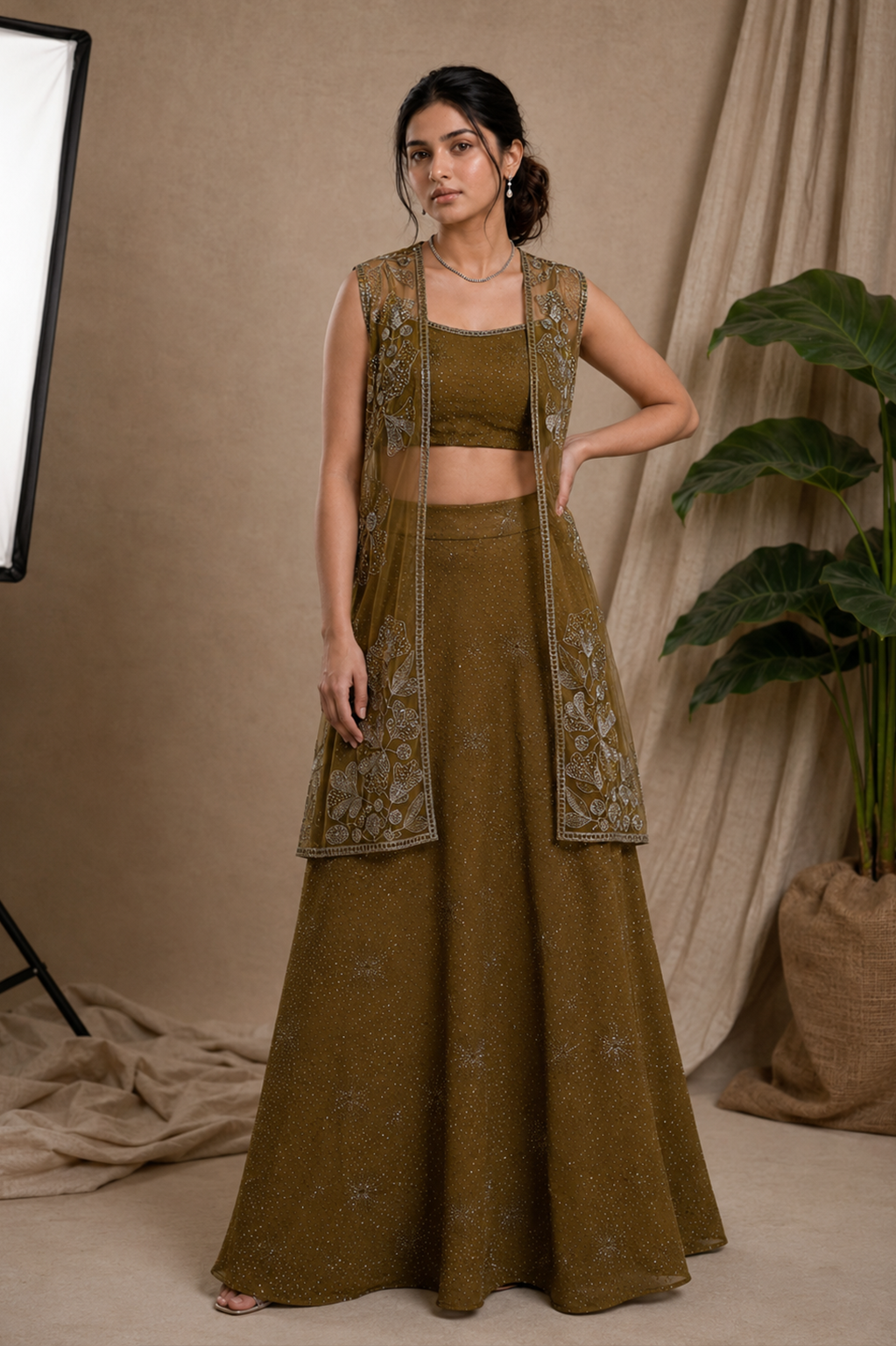 Olive Jacket Lehenga Set — Crop Top, Flared Skirt & Embroidered Organza Jacket