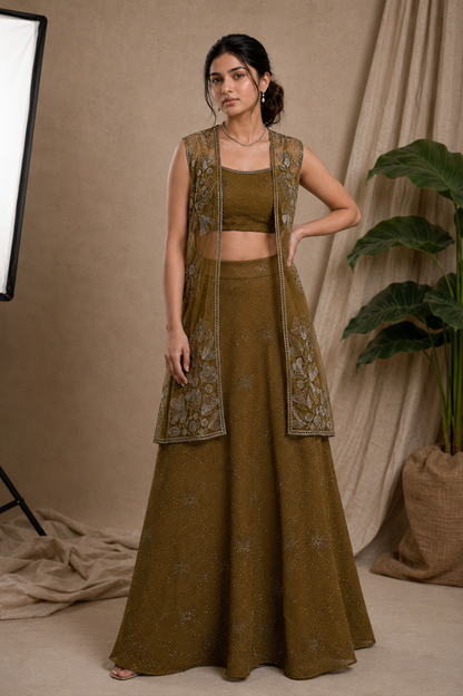 Elara Embroidered Cape Lehenga