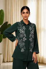 Emerald Green Floral Embroidered Co-Ord Set for Women — Shirt-Collar Top & Wide-Leg Trousers
