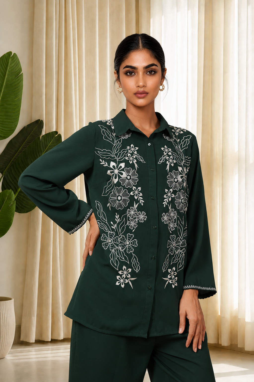Emerald Green Floral Embroidered Co-Ord Set for Women — Shirt-Collar Top & Wide-Leg Trousers