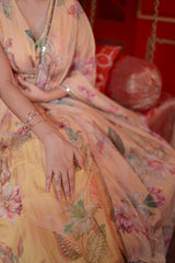 Soft Marigold Yellow Floral Digital Print Indo-Western Lehenga Set