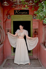 Champagne Grace Indo Western Lehenga Set — Tesla Chiffon with Thread Embroidery