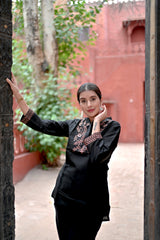 Black Embroidered Roman Silk Co-Ord Set for Women — Kurta-Style Top & Straight Pants