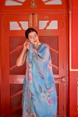 Sky Blue Floral Digital Print Indo-Western Lehenga Set