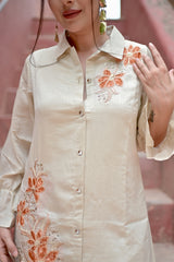 Beige Bloom Satin Georgette Digital Print Co-Ord Set with Embroidered Top