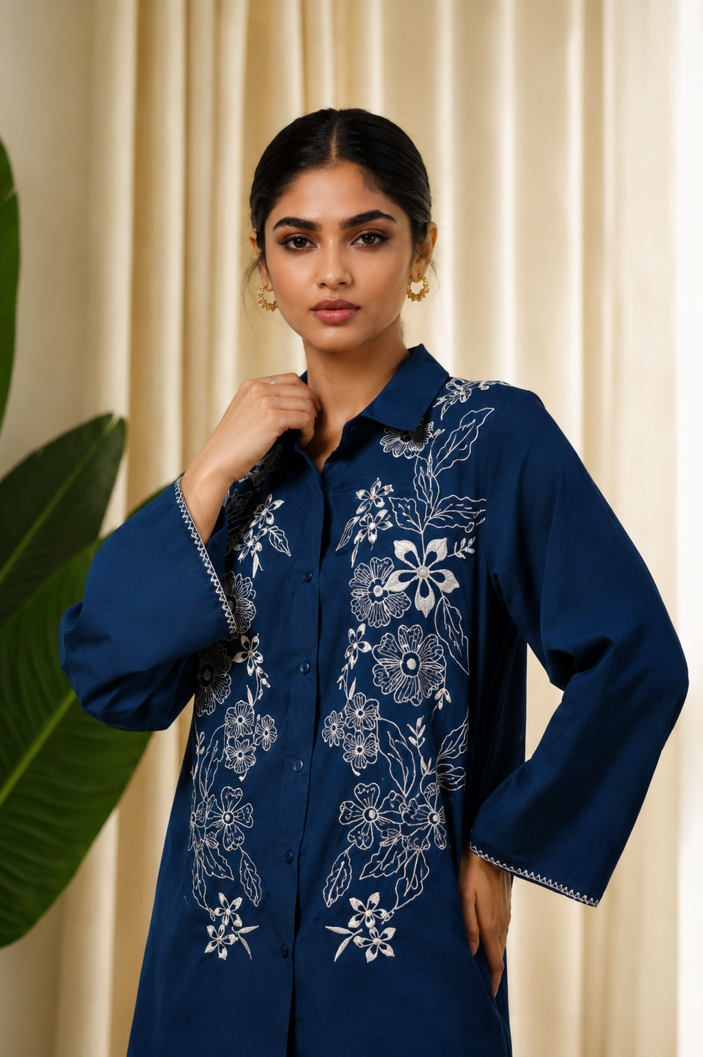 Sapphire Blue Embroidered Shirt Co-Ord Set for Women — Shirt-Collar Top & Trousers