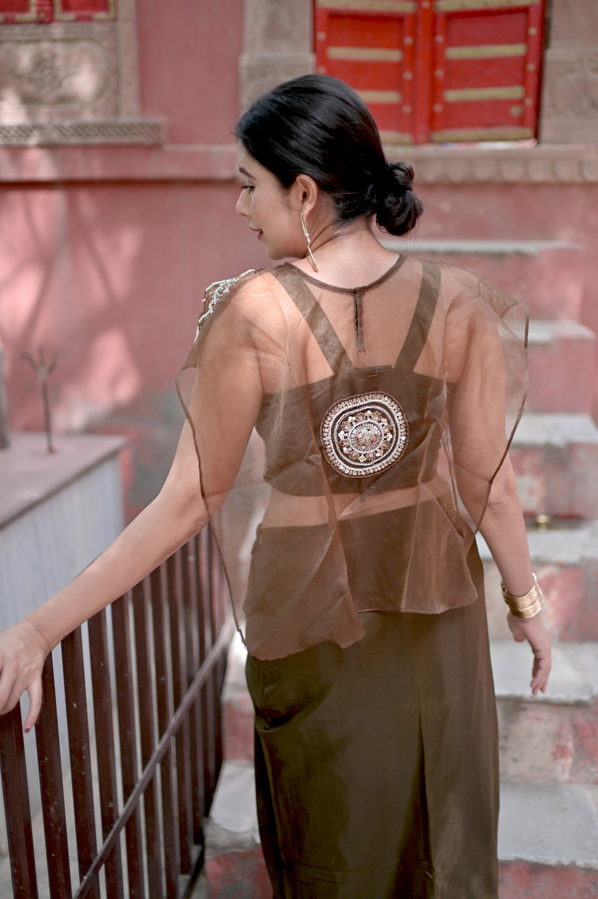 Olive Embellished Blouse & Draped Skirt Set for Women — Indo-Western Fusion