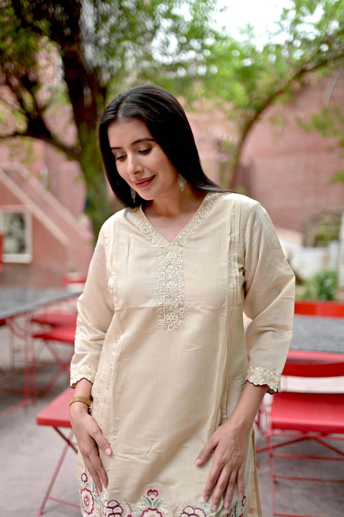 Ivory Embroidered Ethnic Co-ord Set — Kurta & Pant Set for Women