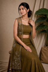 Olive Jacket Lehenga Set — Crop Top, Flared Skirt & Embroidered Organza Jacket
