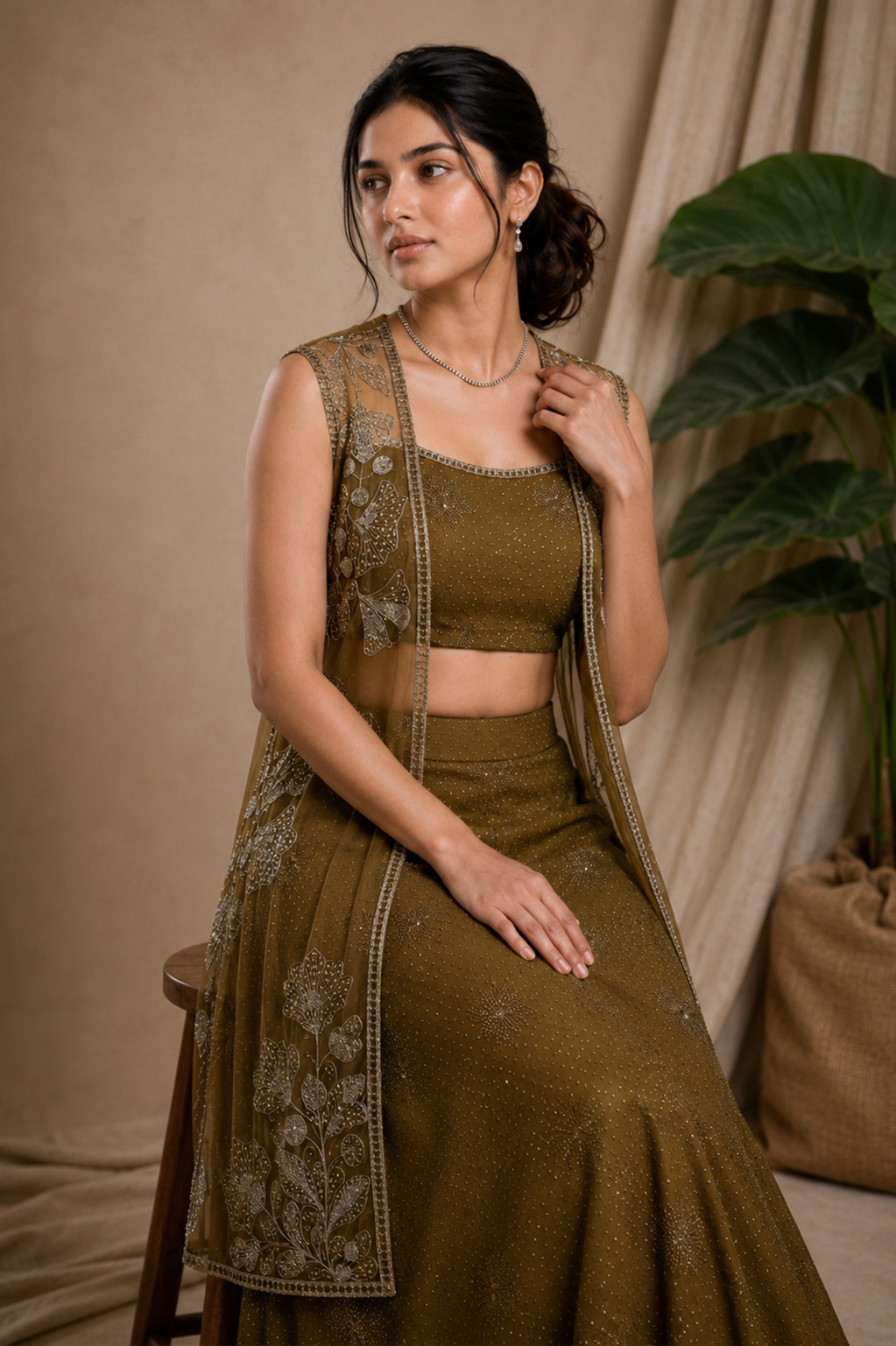 Olive Jacket Lehenga Set — Crop Top, Flared Skirt & Embroidered Organza Jacket