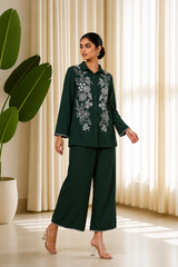 Emerald Green Floral Embroidered Co-Ord Set for Women — Shirt-Collar Top & Wide-Leg Trousers