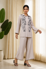 Ivory Noir Embroidered Co-Ord Set for Women — Shirt Collar Top & Straight Trousers