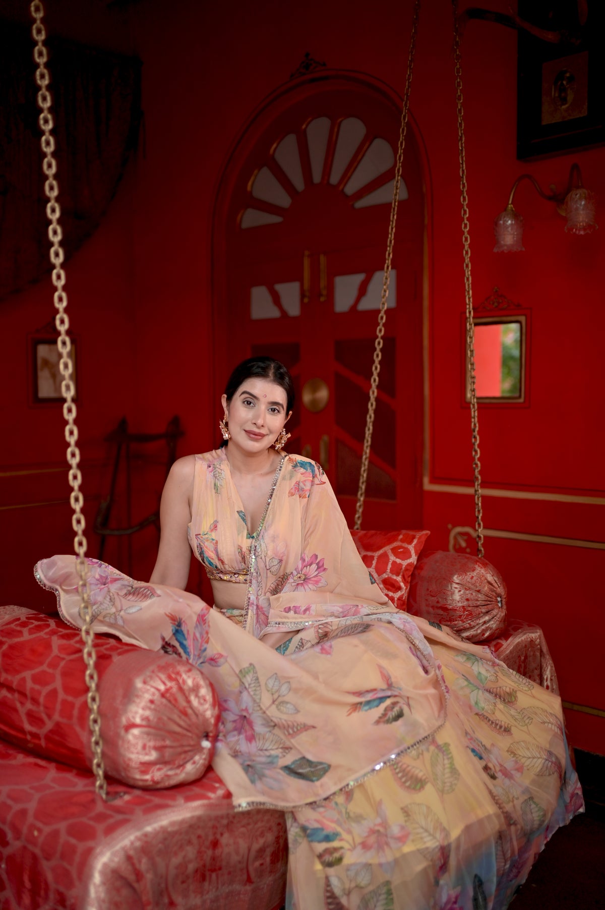 Soft Marigold Yellow Floral Digital Print Indo-Western Lehenga Set
