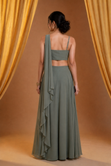 Sage Green One-Shoulder Crop Top & Layered Skirt Set — Fox Georgette