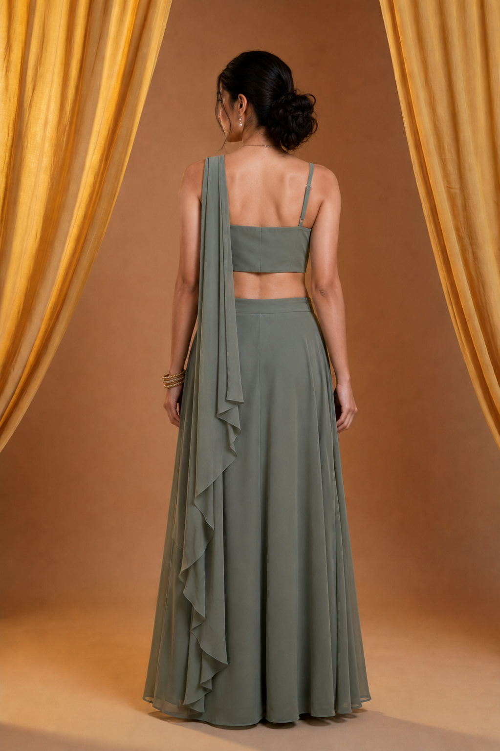 Sage Green One-Shoulder Crop Top & Layered Skirt Set — Fox Georgette
