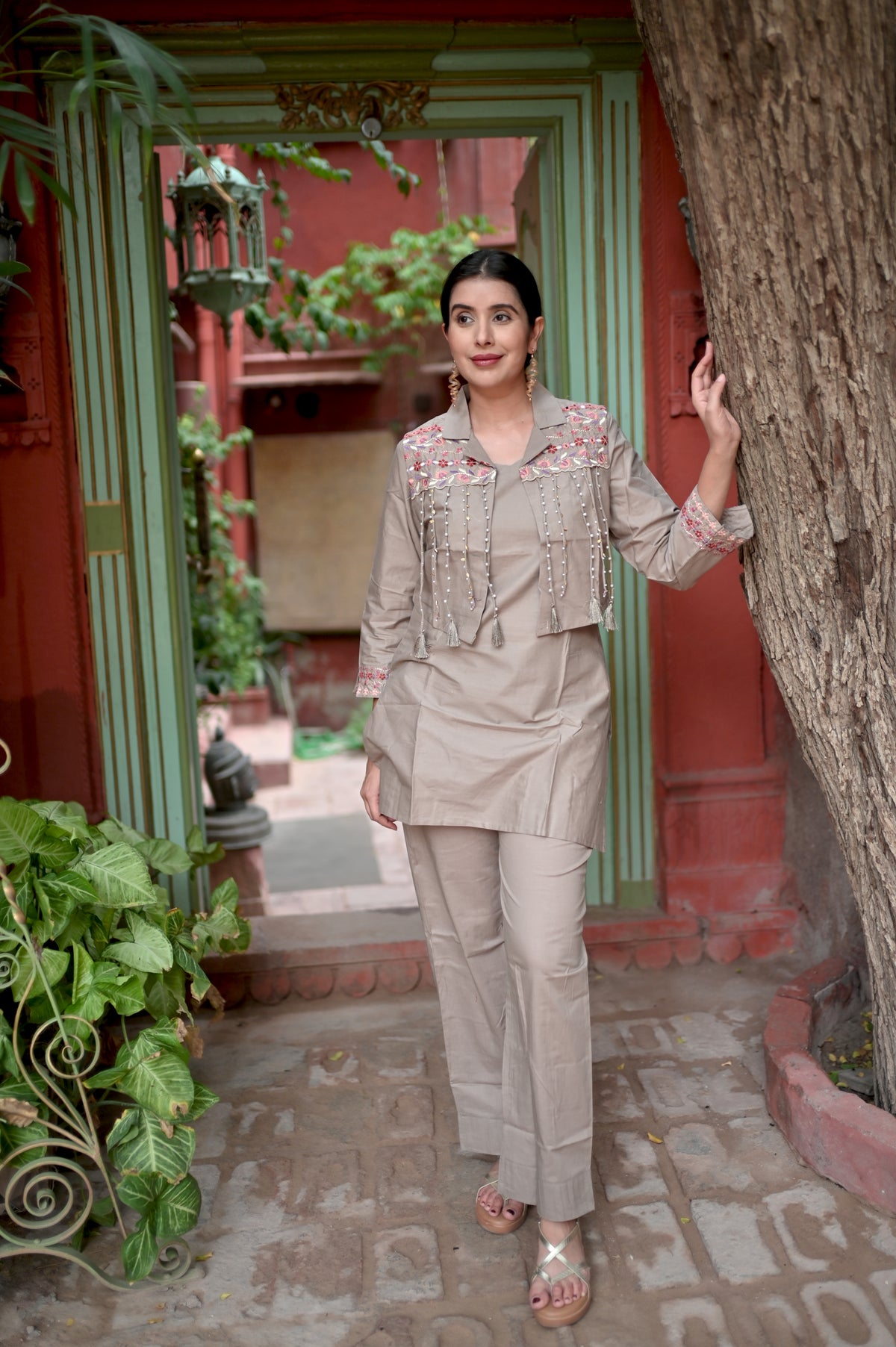 Mauve Pearl Dhabu Cotton Co-Ord Set for Women — Overlay Top & Straight Pants