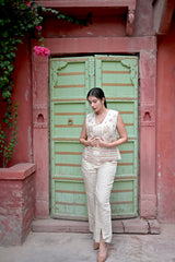 Beige Embroidered 3-Piece Co-Ord Set for Women — Jacket, Inner Top & Trousers