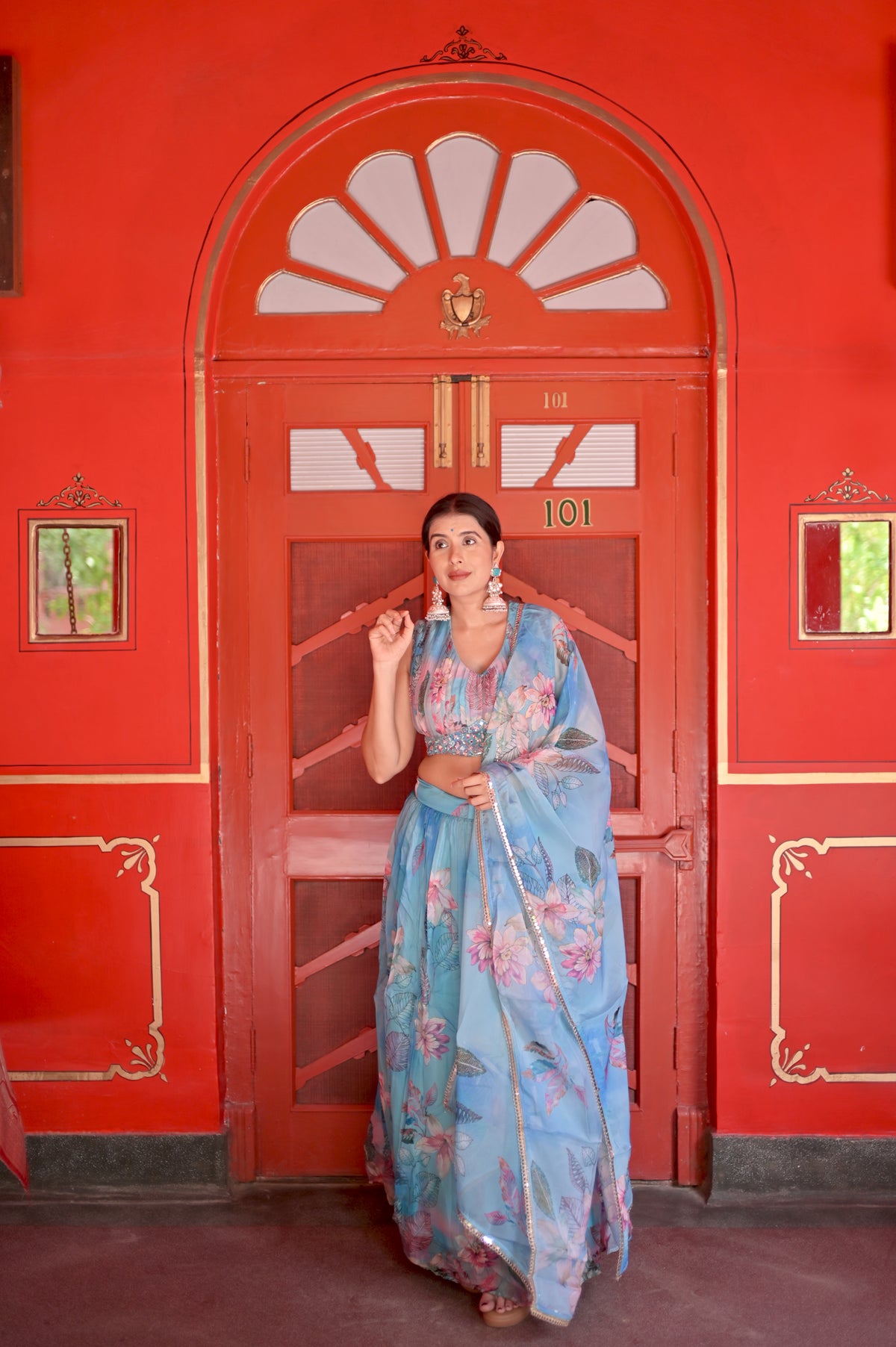 Sky Blue Floral Digital Print Indo-Western Lehenga Set