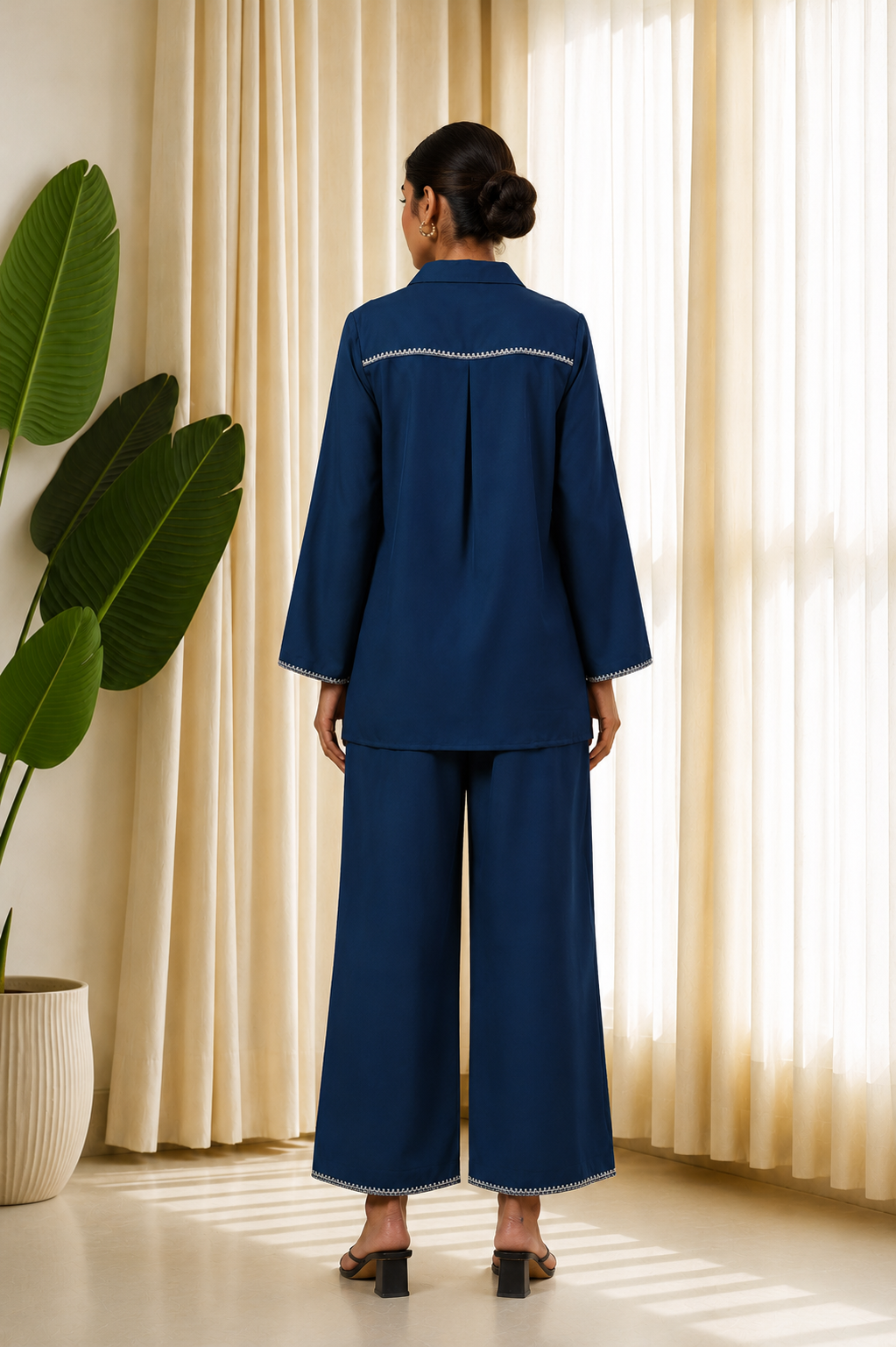 Sapphire Blue Embroidered Shirt Co-Ord Set for Women — Shirt-Collar Top & Trousers