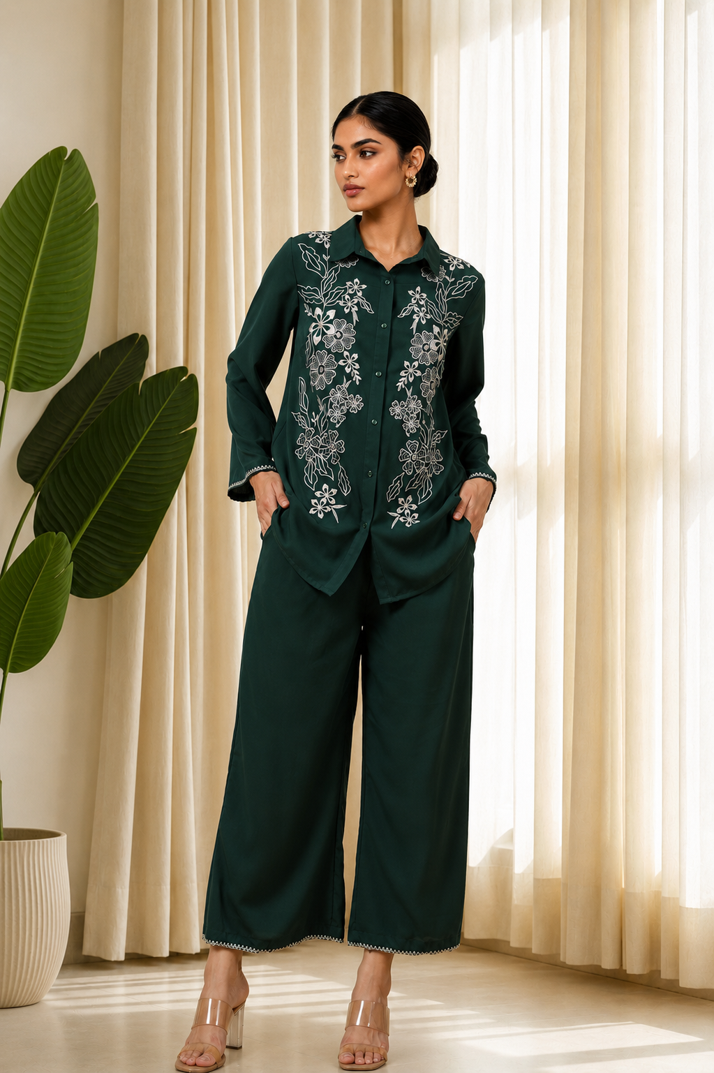 Emerald Green Floral Embroidered Co-Ord Set for Women — Shirt-Collar Top & Wide-Leg Trousers