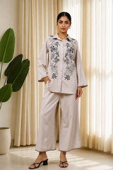 Ivory Noir Embroidered Co-Ord Set for Women — Shirt Collar Top & Straight Trousers