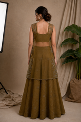 Olive Jacket Lehenga Set — Crop Top, Flared Skirt & Embroidered Organza Jacket