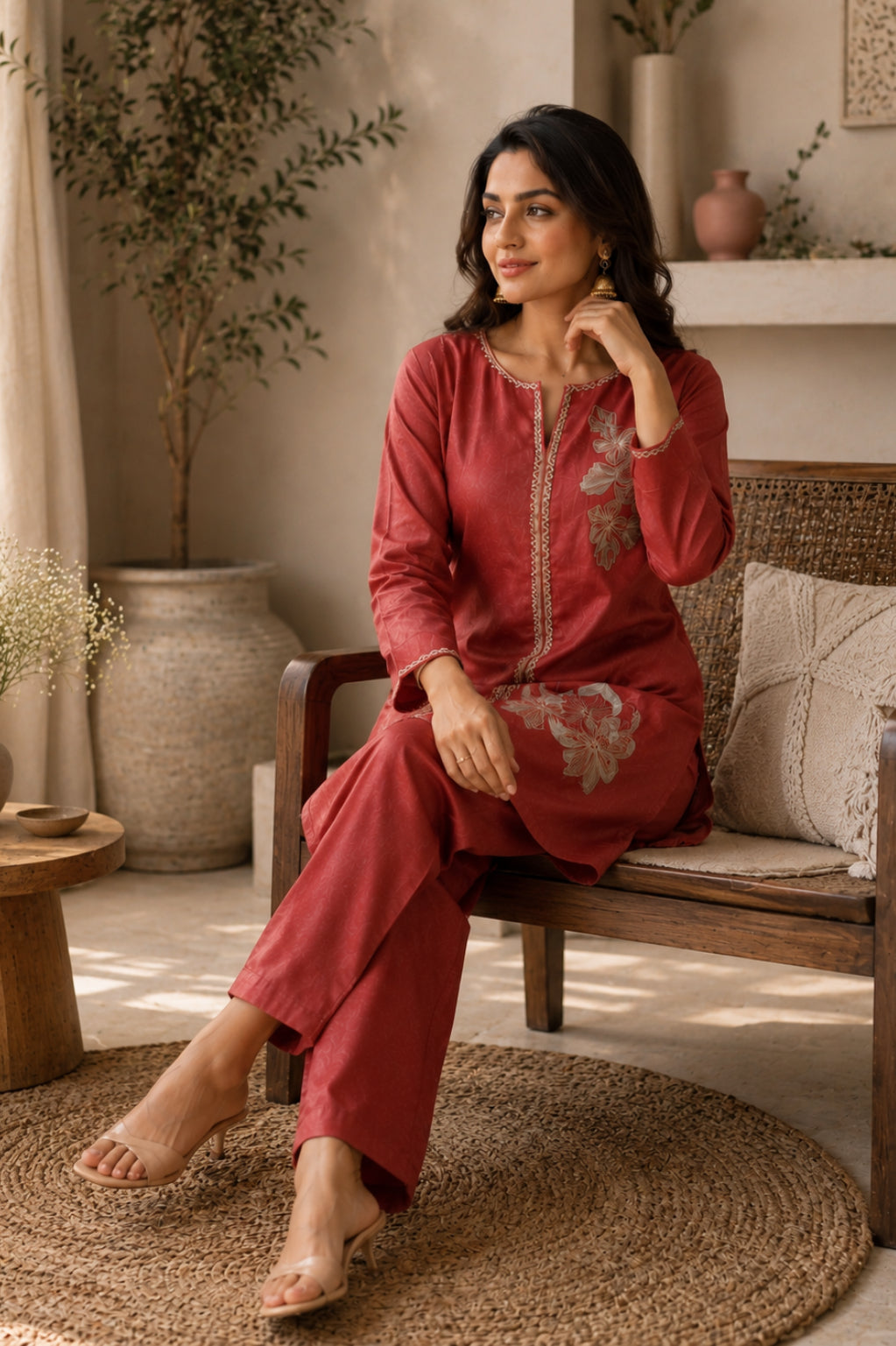 Gajri Floral Embroidered Malchanderi Co-Ord Set