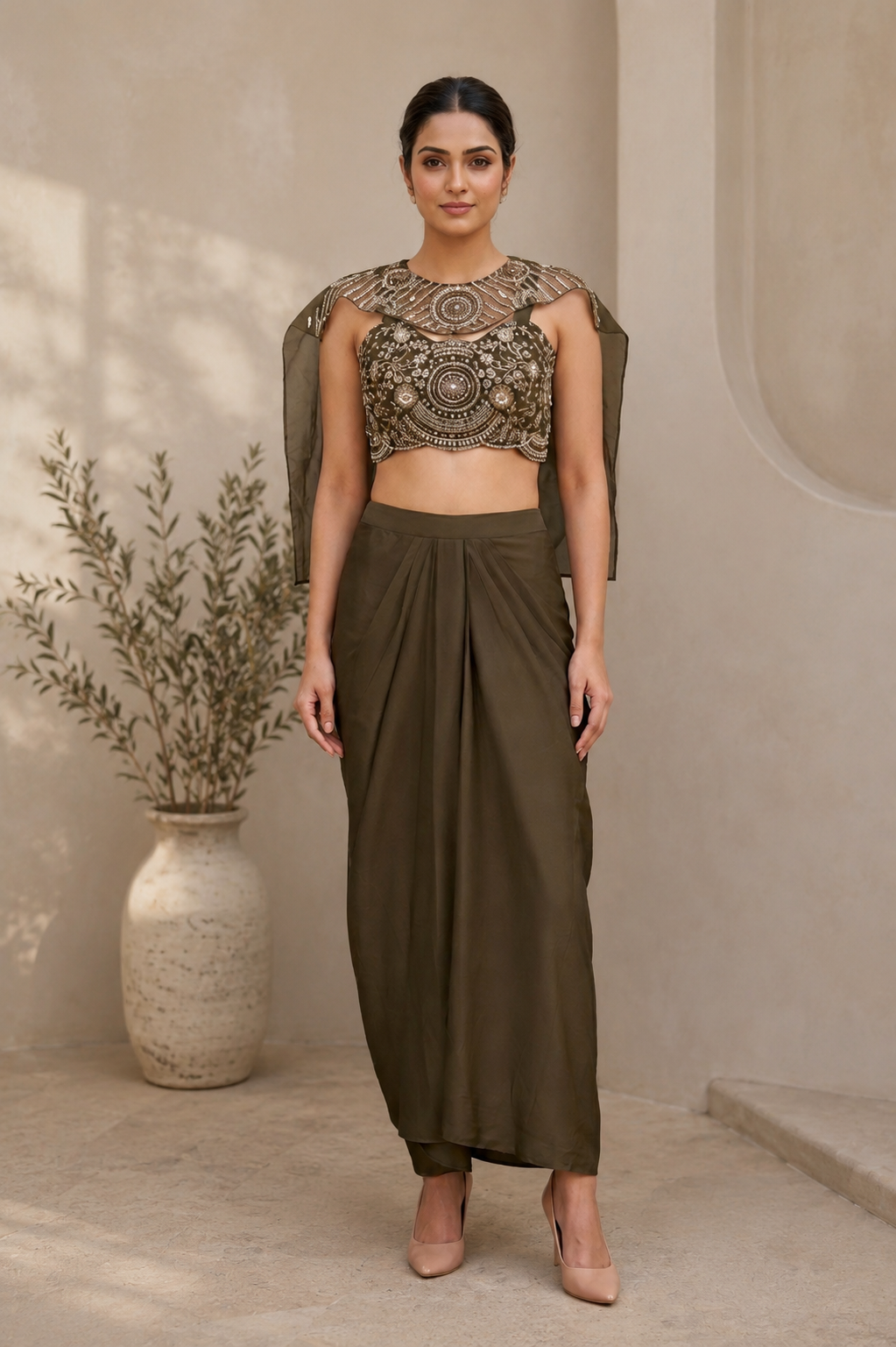 Olive Embellished Blouse & Draped Skirt Set for Women — Indo-Western Fusion