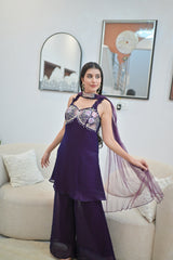 Dark Purple Embroidered Palazzo Set with Dupatta — 3-Piece Fusion Wear for Women