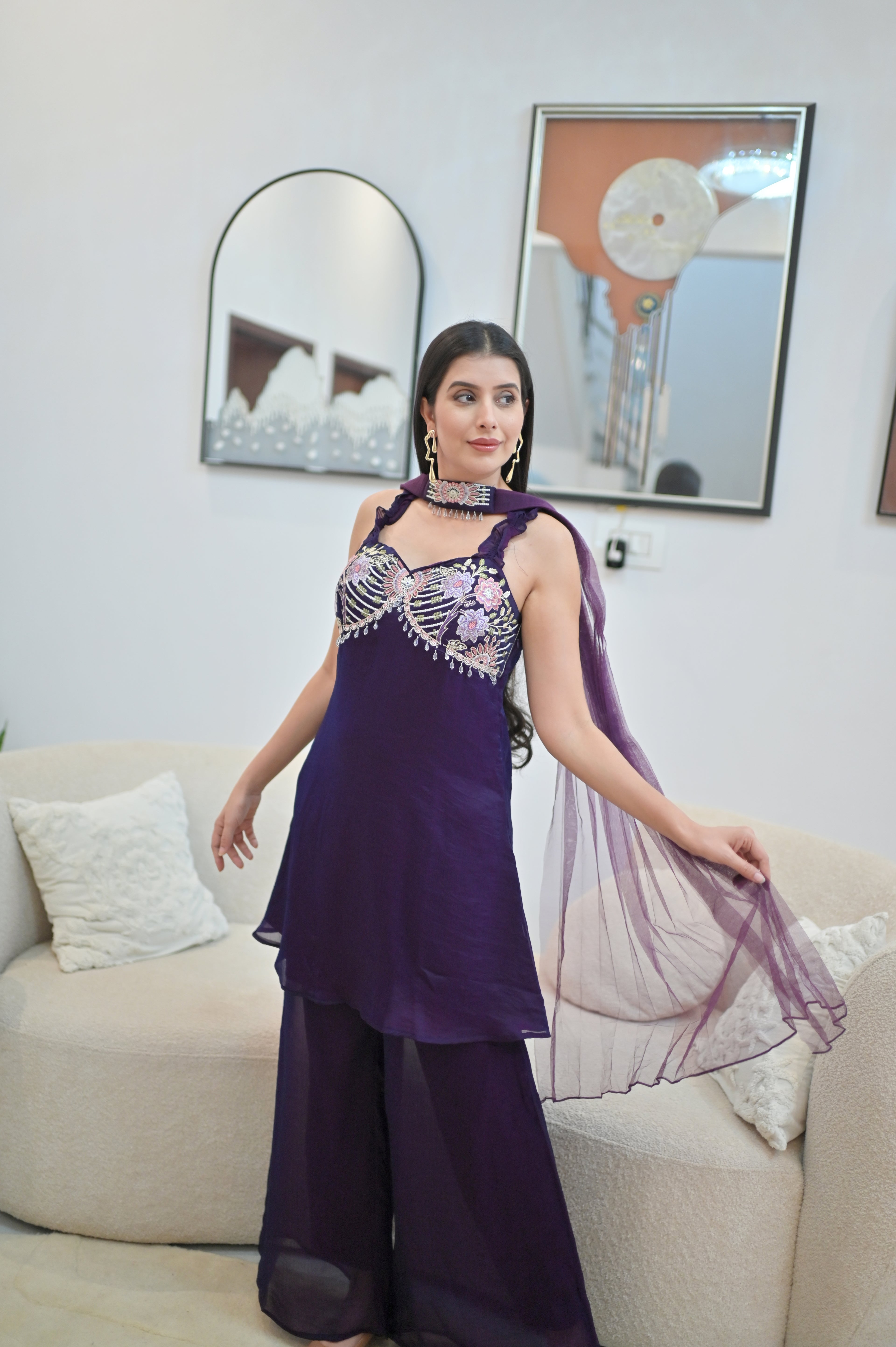 Dark Purple Embroidered Palazzo Set with Dupatta — 3-Piece Fusion Wear for Women