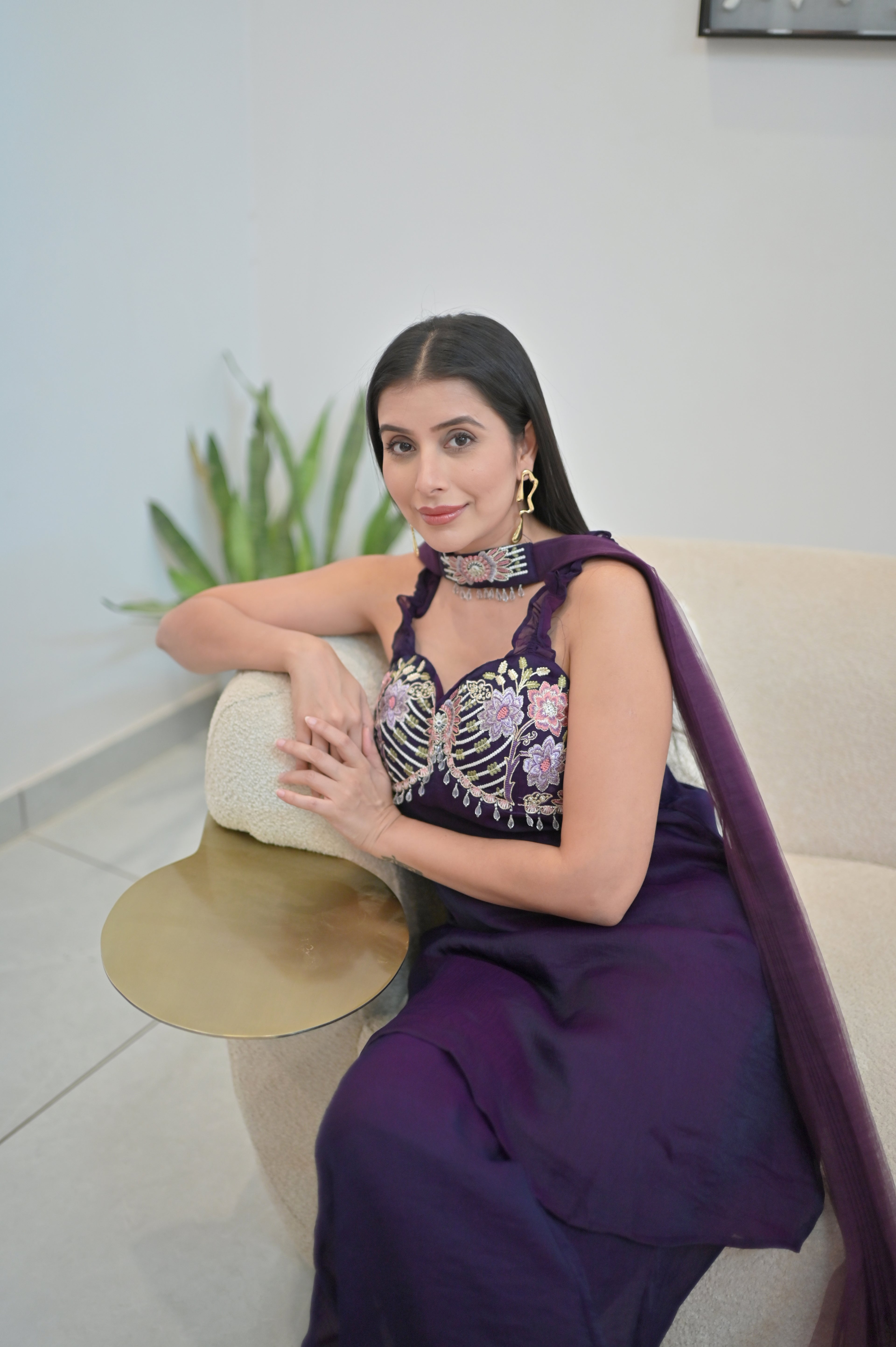 Dark Purple Embroidered Palazzo Set with Dupatta — 3-Piece Fusion Wear for Women