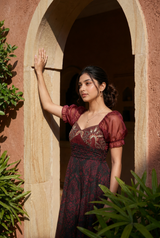 Wine Maroon Organza Floral Print Dress — Sweetheart Neck & Puff Sleeves