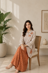 Beige Bloom Satin Georgette Digital Print Co-Ord Set with Embroidered Top