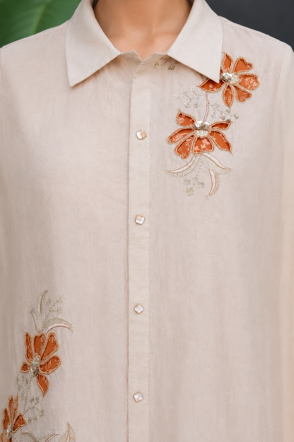 Beige Bloom Satin Georgette Digital Print Co-Ord Set with Embroidered Top